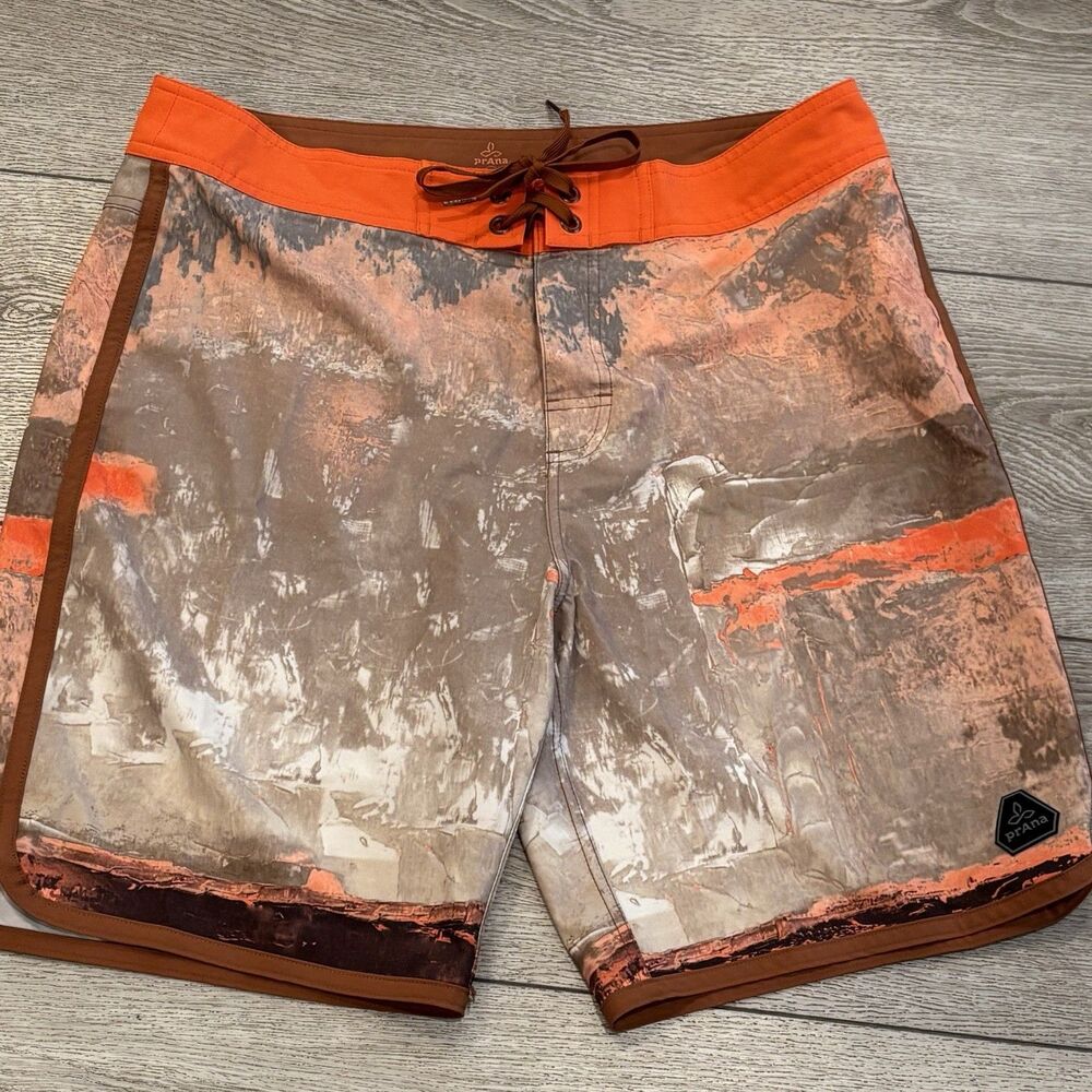 PrAna Mens Board Shorts Swim Trunks Orange Unlined Size‎ 34 UPF 50+ Outdoors
